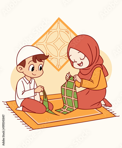 A cute cartoon illustration of a Muslim boy and a girl in hijab sitting on a mat, happily weaving "Ketupat" (palm leaf pouches) together. This vector represents the traditional preparation for Eid al-
