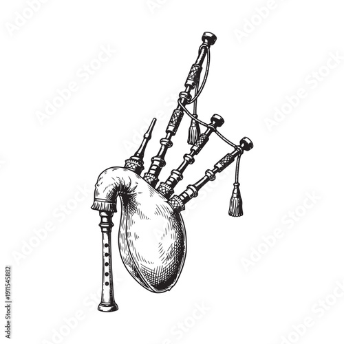 Traditional Scottish Highland bagpipes with ornate wood and leather detailing vintage woodcut engraving style.
