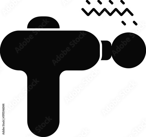 Massage gun silhouette icon, handheld percussion massager device for muscle therapy relaxation recovery black isolated vector illustration design