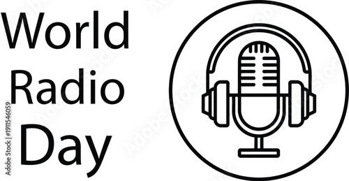 World Radio Day emblem with microphone headphones circular icon and clean typography symbolizing broadcast communication unity
