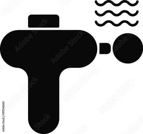 Massage gun silhouette icon, handheld electric percussion massager for muscle recovery therapy relaxation black isolated vector illustration design