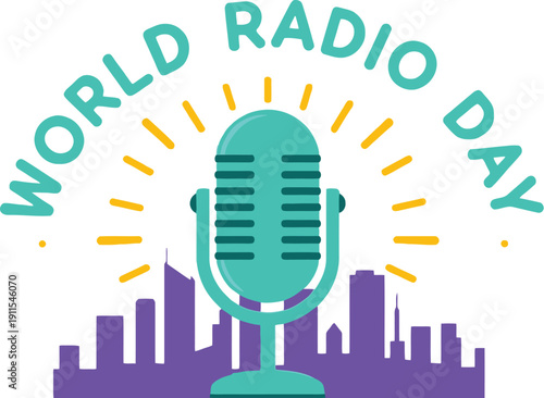 World Radio Day vector with vintage microphone rays city skyline and bold typography celebrating global broadcast communication
