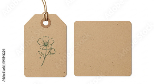 Brown Kraft Paper Tag with Hand Drawn Flower Illustration on White Background