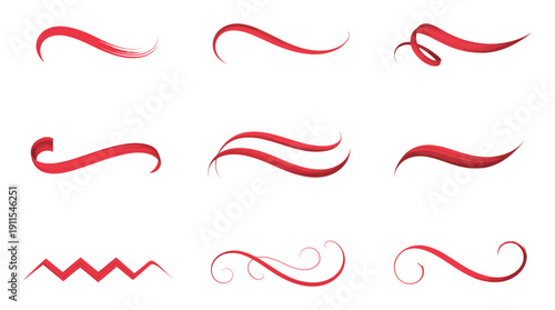 Collection of Red Swirls, Flourishes, and Decorative Lines on White Background