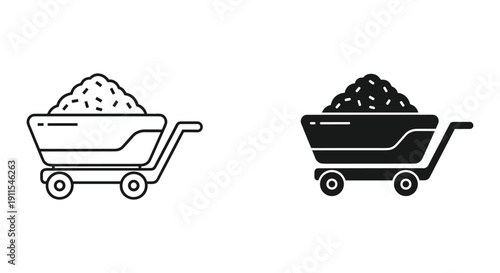 Black and White Wheelbarrow Icon with Coal or Gravel, Industrial or Construction Theme, Simple Design