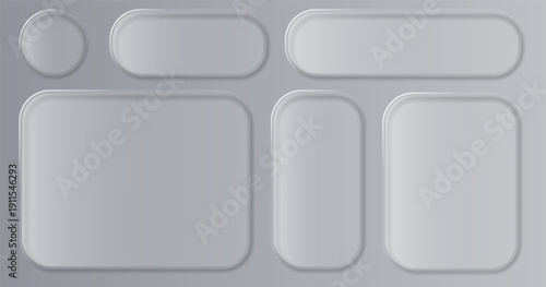 Neumorphic Glass UI Buttons Set on Soft Gray Background, Modern App Interface Elements