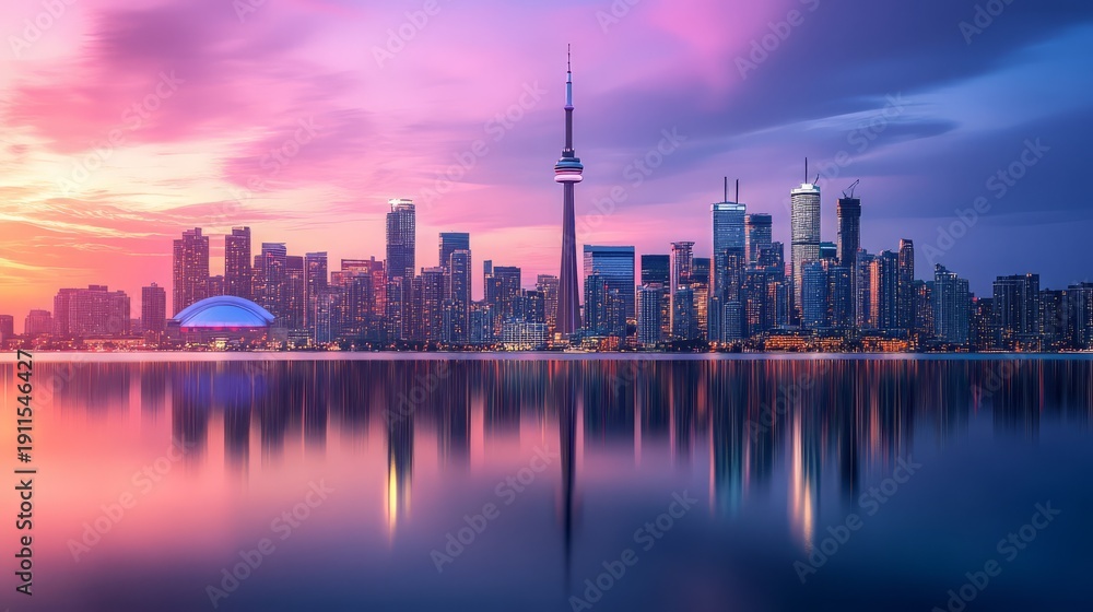 Obraz premium Spectacular view of the illuminated Toronto city skyline featuring the iconic CN Tower reflected perfectly in the calm water during a vibrant twilight