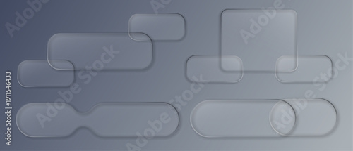 Neumorphic Glass UI Buttons Set on Soft Gray Background, Modern App Interface Elements