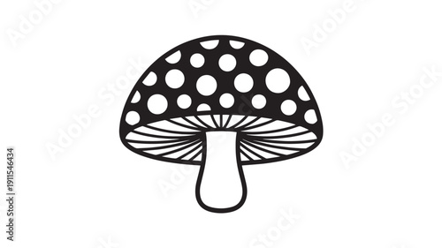 Fly Agaric Mushroom Illustration in Simple Line Art with White and Black Colors on Plain White Background for Graphic Design