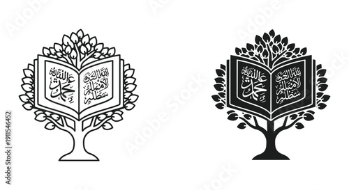 Tree of Knowledge Illustration with Open Book and Leaves in Black and White