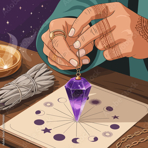 Hands with henna holding a crystal pendulum over a mystical chart  