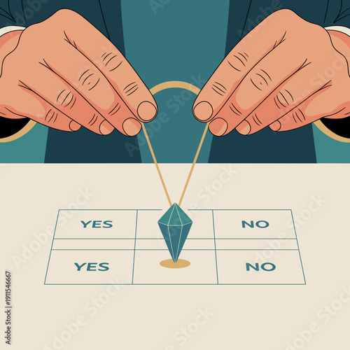 Hands holding pendulum above decision-making chart with answers  
