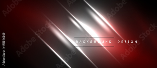 Abstract design features diagonal lines, red hues, silver glow. Dark background emphasizes bright central element. Modern, sleek aesthetic.