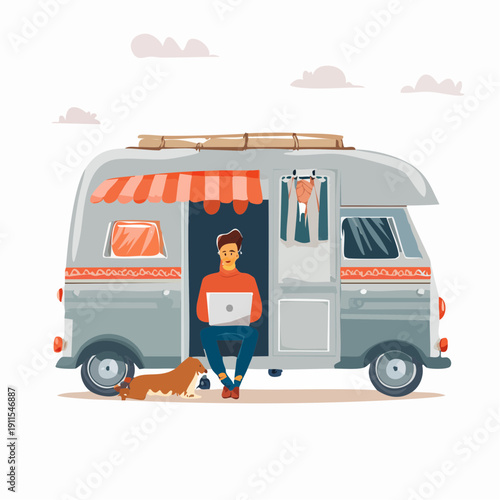 Free Freedom: A Young Creative Person Working with Natural Decor and Comfortable Aesthetics on His Laptop with a Bohemian Caravan