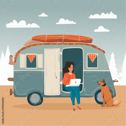 Free Freedom: A Young Creative Person Working with Natural Decor and Comfortable Aesthetics on His Laptop with a Bohemian Caravan