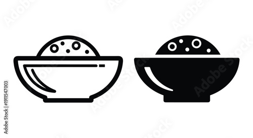 Two minimalist black and white bowls with eyes and mouths isolated on white background, flat design icons