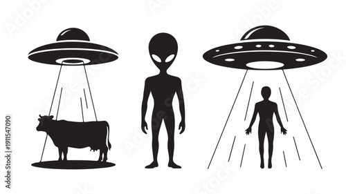 Vector Illustration Of Alien Abduction Scene With Ufos And Silhouettes Of Cow And Humans For Science Fiction And Mystery Concepts