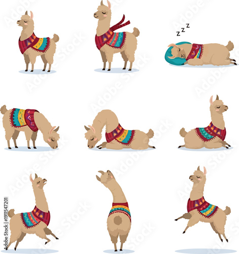 Collection of Cute Cartoon Llamas Showing Different Poses and Activities