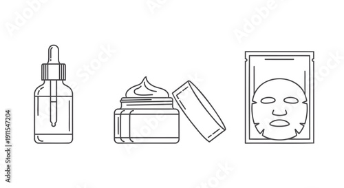 Vector icons of facial serum bottle, cream jar, and face mask sheet on transparent background