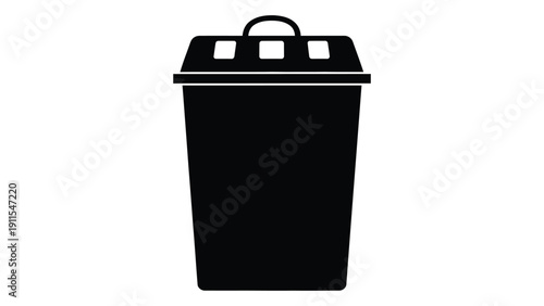 A black trash bin with a lid and two handles on top, standing upright. Vector