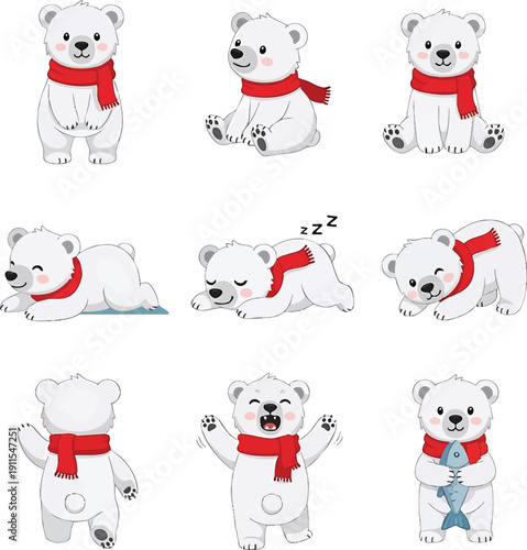 Collection of Cute Cartoon Polar Bear Cubs with Red Scarves Posing and Showing Emotions