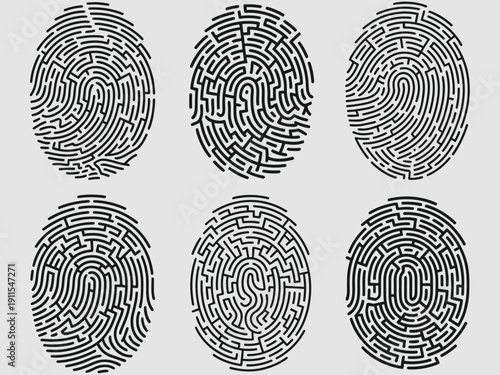 Six Abstract Fingerprint Mazes on a Light Gray Background