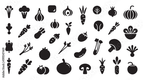 Vegetable Icons Set in Simple Flat Design with Black Color on White Background for Infographic Template