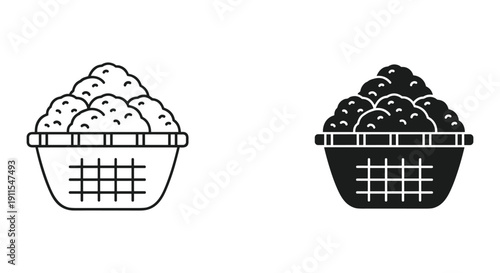 Black and white line art shopping baskets with groceries isolated on white background vector illustration