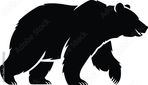 Black bear silhouette illustration walking right with detailed claws, snout, and fur outline, powerful wildlife artwork design for logos, education, nature, and creative projects