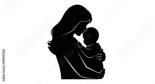Mother Holding Baby Silhouette Isolated on White Background