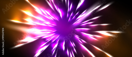 Bright explosion radiates outward. Purple, orange, white hues dominate dark background. Dynamic energy, intense light effect visible.