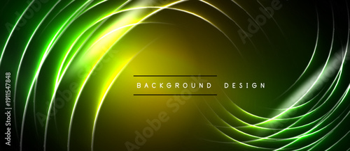 Abstract neon lines create swirling pattern. Vibrant green, yellow hues dominate dark background. Text reads background design.