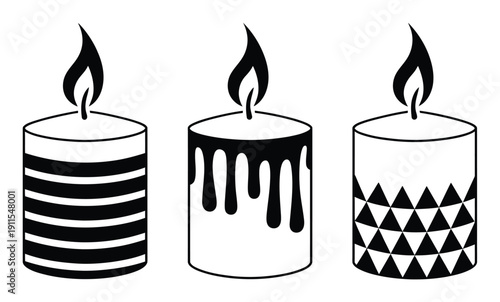 Three stylized candles with different patterns and flames