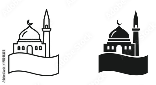 Islamic Mosque Icon with Crescent Moon and Minaret on Ribbon Banner