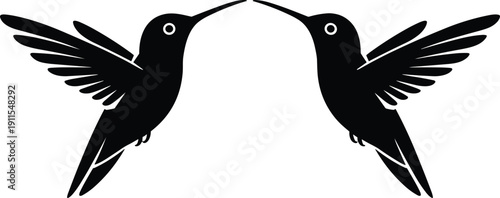 Black hummingbird silhouette illustration featuring two symmetrical birds facing each other with wings extended upward, creative artwork design symbolizing beauty, agility, balance, nature