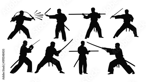 Silhouettes of martial artists demonstrating various sword techniques Vector