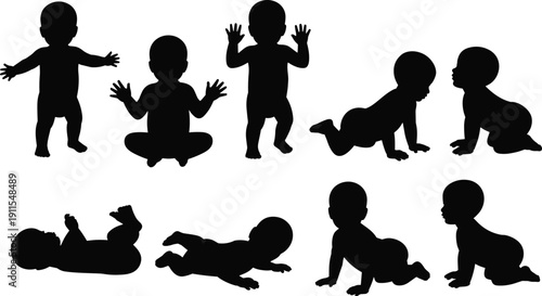 Baby silhouette set, infant crawling sitting standing lying poses collection, newborn growth stages black isolated vector illustration pack