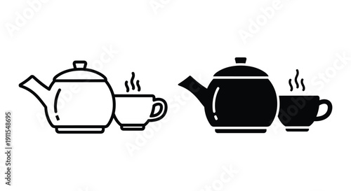 Black and white teapot pouring coffee into cup vector illustration steaming hot beverage kitchen concept