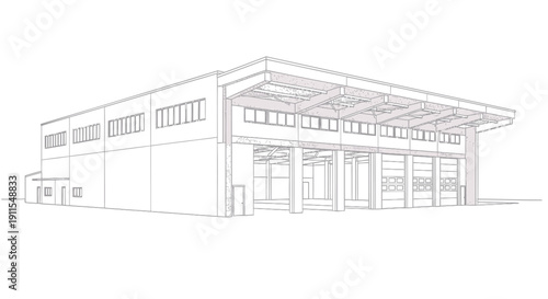 Vector illustration of a modern industrial building with a large canopy and multiple garage doors, isolated on transparent background