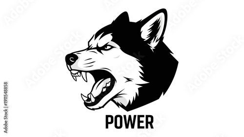 Aggressive Husky Dog Head with Open Mouth and Sharp Teeth, Word "POWER"