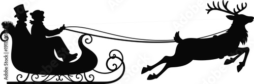 Black silhouette illustration of ornate sleigh pulled by reindeer with two figures in winter attire, traditional holiday artwork design symbolizing Christmas, festive season, and celebration