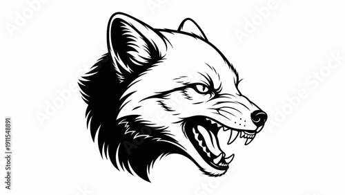 Aggressive Fox Head Illustration, Wild Animal, Fierce Expression, Black and White