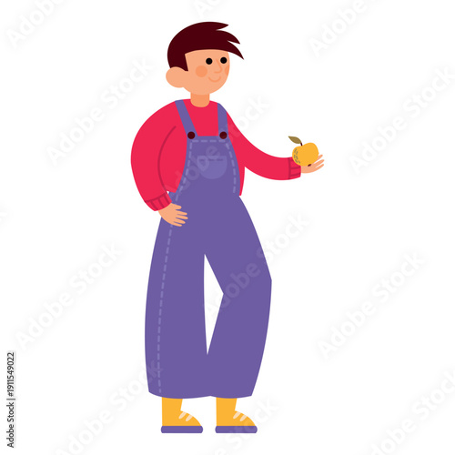 Illustration of a Farmer Holding an Apple. White background, isolated	