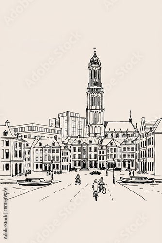 Groningen, Netherlands Pen Line Art Illustration of City Landmark and Travel Scene
