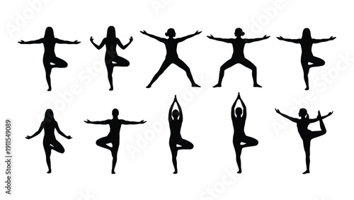A collection of ten black silhouettes of people performing various yoga poses Vector
