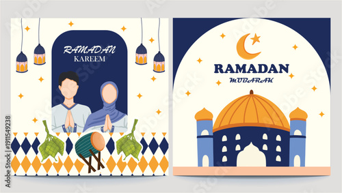 Ramadan Kareem and Eid Mubarak greeting poster set. Flat vector illustration suitable for Ramadan greeting card, social media post, poster, banner, and Islamic celebration design.