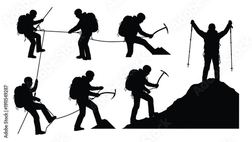 Silhouettes of hikers and climbers on a mountain peak with various equipment. Vector