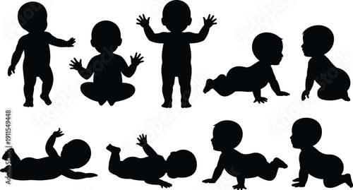 Baby silhouette collection set, infant crawling sitting standing poses, newborn child black vector illustration isolated on white background