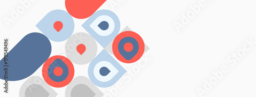 Abstract geometric shapes, circles, squares, red, blue hues. Minimalist design, clean background, modern aesthetic. Pattern repeats diagonally.