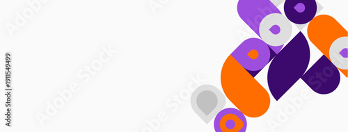 Abstract shapes, circles, orange, purple hues dominate white background. Minimalist design, modern aesthetic, simple composition.